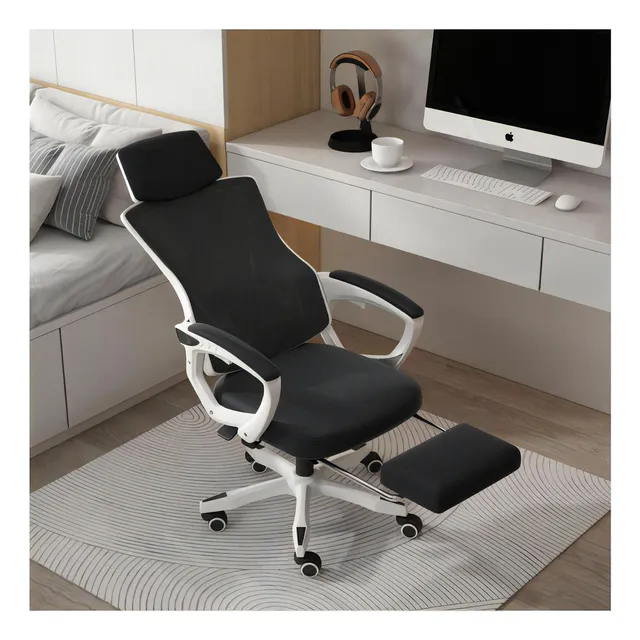 Silla Gamer Oficina Ergonómica Reclinable Reposapiés Girar Color Negro Con Blanco