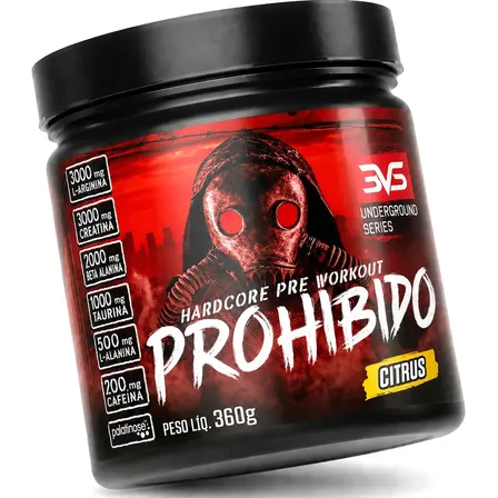 PRÉ TREINO PROHIBIDO 360g Sabor Citrus - Fórmula Exclusiva contendo Creatina, Beta Alanina, Taurina, L-tirosina, L-alanina, Cafeína, Arginina e Palatinose