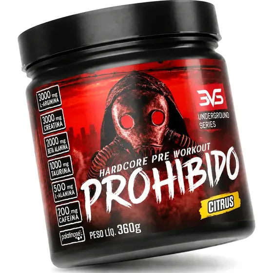 PRÉ TREINO PROHIBIDO 360g Sabor Citrus - Fórmula Exclusiva contendo Creatina, Beta Alanina, Taurina, L-tirosina, L-alanina, Cafeína, Arginina e Palatinose