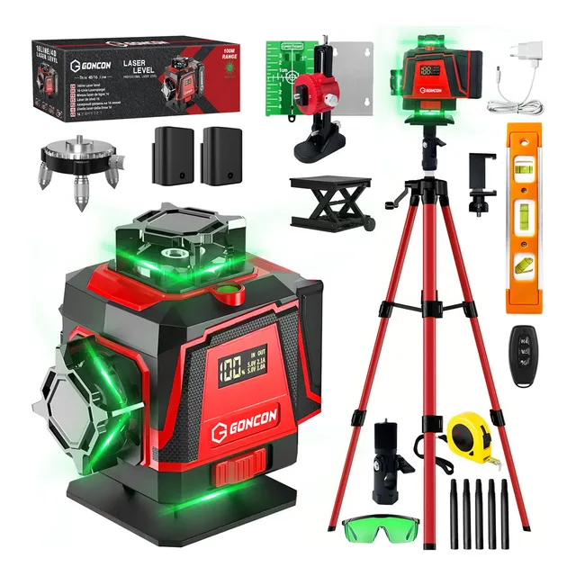 GONCON Nivel Láser Autonivelante, 16 Líneas Nivelador Laser De 4D Horizontales Verticales Verde Cruzada 360° con 2 Baterías Y Control Remoto,Base de Elevación y Bolsa Portátil