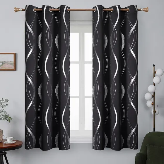Nanwei Cortinas Blackout de 215cm x 160cm con línea ondulada color Raya Negro 2 Paneles