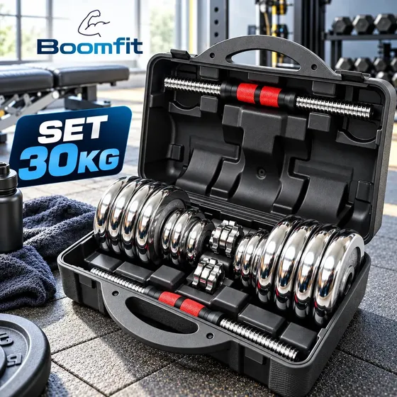 Set Mancuernas Cromo Boomfit Ajustables 30 Kg Maletín Color Cromado