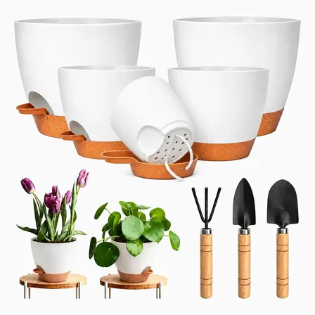 Kit 5 Vasos Autoirrigáveis Para Plantas E Flores Com 3 Pazinhas De Jardinagem Sistema De Irrigação Por Capilaridade Com Reservatório De Água Para Jardim Horta E Temperos