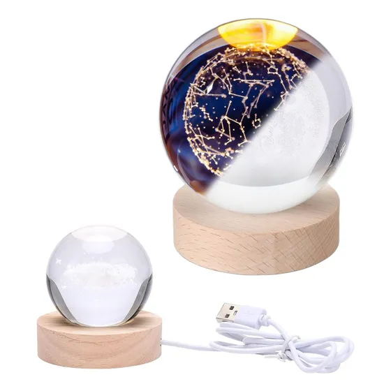 Esfera De Cristal Grabada C/ Luz Led Base Madera Luz D Noche