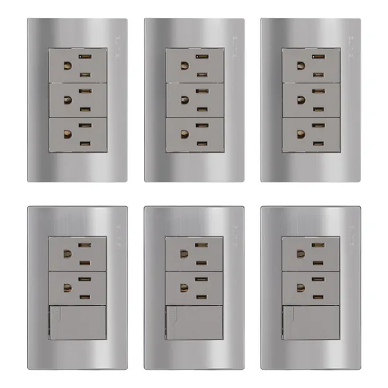 Kit Set De 6 Placas/ Enchufe/ Apagador Para Casa Color Gris