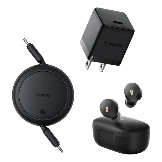 Baseus Kit Audífonos Inalámbricos Bowie E18 Bluetooth 5.3 + Cubo De Carga Usb Tipo C 30 W + Cable Retráctil Tipo C A Tipo C + Carga Rápida alta compatibilidad color negro