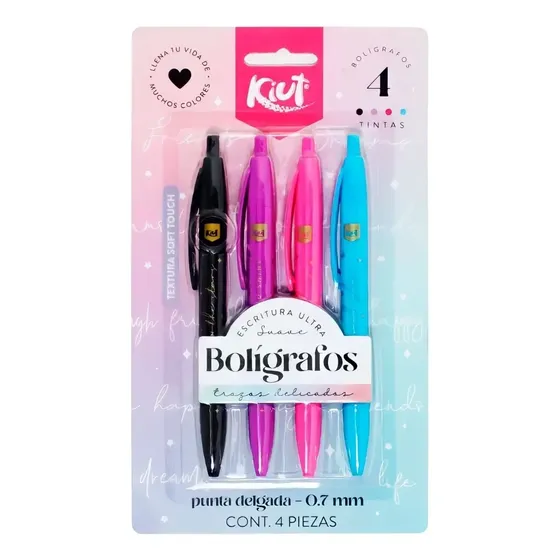 Bolígrafo Kiut Boligrafo Bolígrafo 0.7mm Retráctil color negro/azul/rosa/morado trazo fino 0.7 mm en blíster - pack de 44 unidades