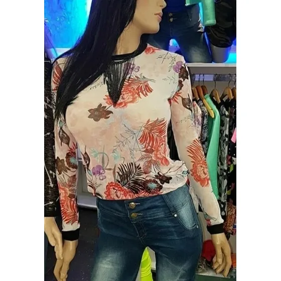 Blusa Manga Larga Estampada Traslúcida