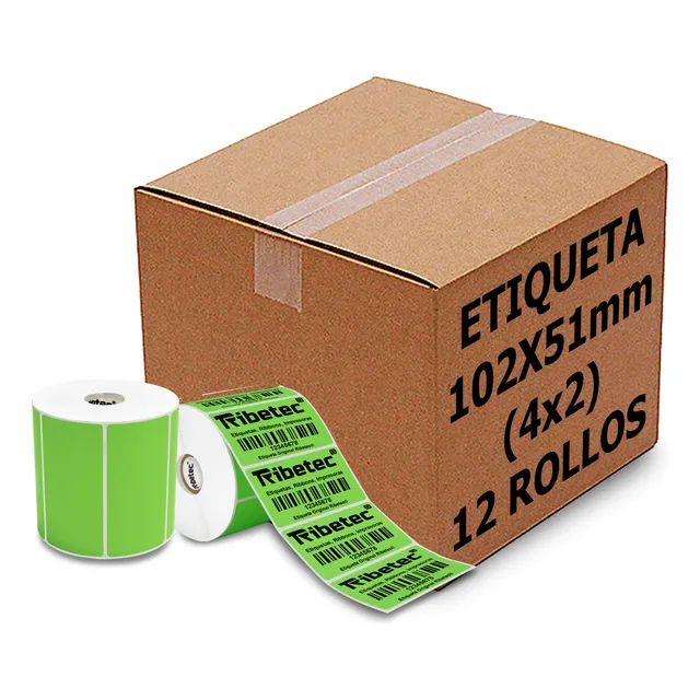 12 Rollos Etiqueta Térmica Verde 4x2 (102x51mm) 1500 Pzas C1
