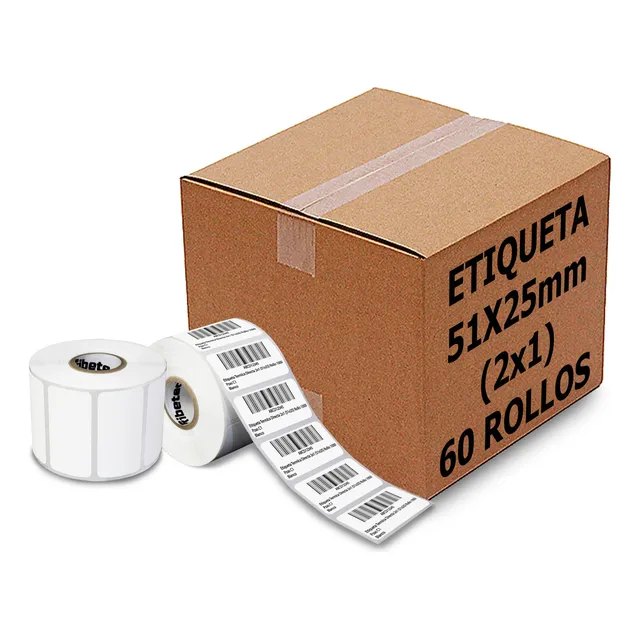 60 Rollos Etiqueta Térmica 2x1 (51x25 Mm) Full 1000 Pzs C/u Color Blanco