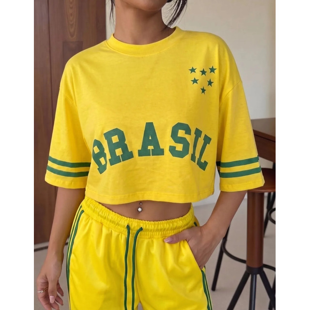 Camiseta Curta Cropped Oversized Feminina Brasil Copa 2026 Amarelo-verde P
