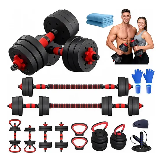 Kit De Mancuerna,pesas Barra Y Rusa Ajustables Completo 15kg Color Negro/rojo