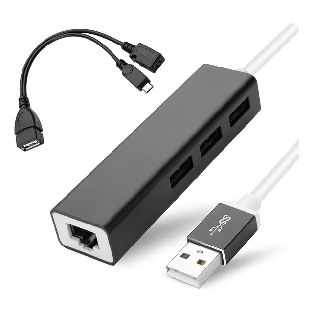Hub Usb 3 Puertos Y Adaptador Ethernet + Cable Usb Hembra