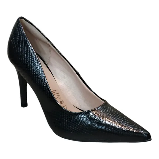 Stiletto Negro Textura Serpiente Charol Elegante Mujer