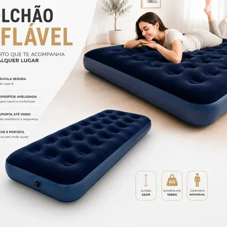 Colchão Inflável Solteiro Multiuso Aveludado Blackone