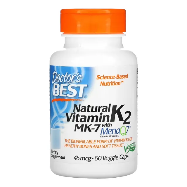 Vitamina K2 Mk-7 con Menaq7, 45 mcg, 60 cápsulas Doctor's Best Flavor, sin sabor