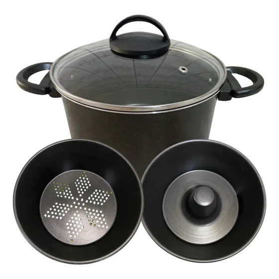 Panela Banho Maria Pudim E Vapor Antiaderente Tampa Vidro Cor Preto
