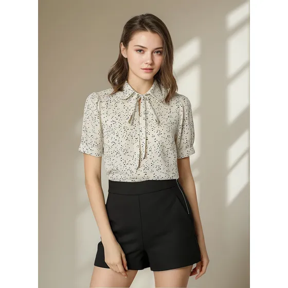 Blusa De Puntos Retro De Gasa Con Cuello Peter Pan Pajarita
