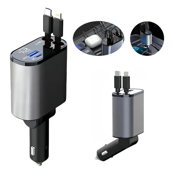 4 En 1 Cargador Para Carro Retráctil De Carga Rápida De 120w, Cargador Auto, Cargadores Portatil Celulares, Con 2 Cables Rretráctiles,coche Gadgets Compatible Con iPhone, Android | Cuotas sin interés