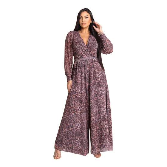 Macacão Tule Animal Print Max Flare Feminino Longo
