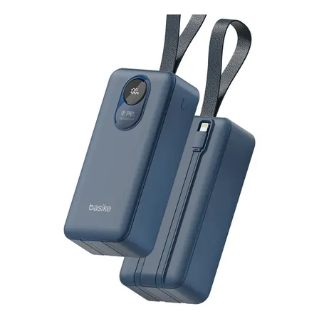 Power Bank Basike 30.000mAh Portátil, Carregamento Rápido 22.5W, com Cabos Embutidos e Display LED para iPhone e Samsung Azul