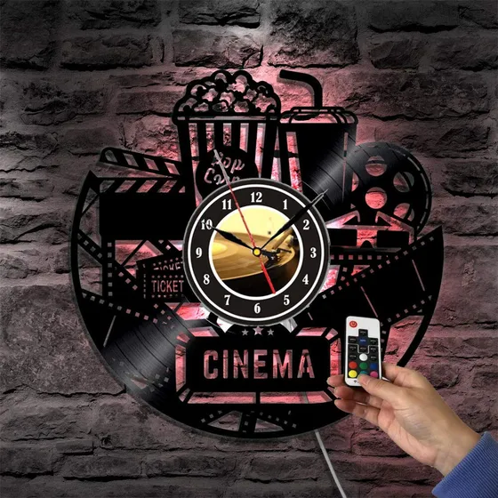 Cine Casa Palomita Maiz Led Vinilo Reloj Pared Luz Nocturna