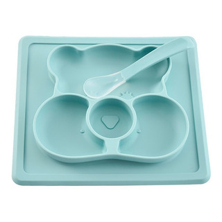 Plato Para Bebé De Silicón Con Cuchara Y Tapete Antivuelco Color Turquesa Personaje Oso Plato Para Bebé De Silicón Con Cuchara Y Tapete Antivuelco Color Turquesa Personaje Oso