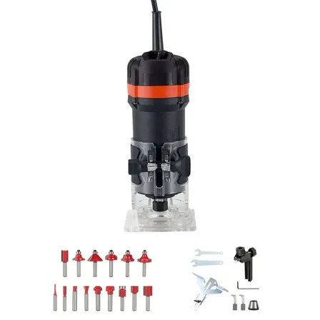 Tupia Manual Elétrica Profissional 800w Laminadora + Kit 15 Pçs 1/4 Jogo Fresas Corte Madeira 6mm 30000rpm Dois Modos De Uso Profundidade Ajustável De 3cm 220v Preto