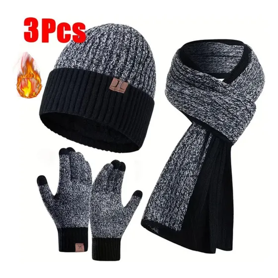 Set De 3 Piezas Para Invierno Con Polar Para Hombres Color Negro