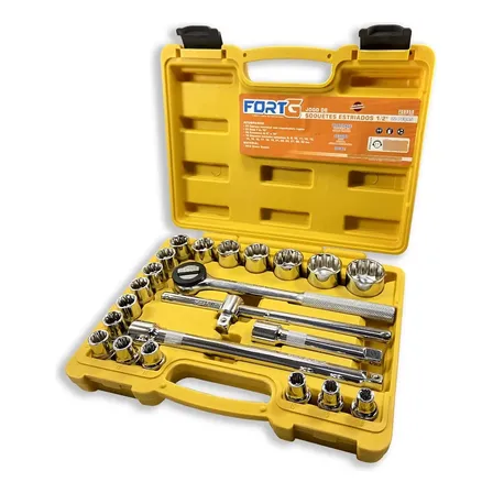 Kit Soquete Estriado 1/2 22 Peças Fortg Maleta Aço Cromo Vanádio Fg8950