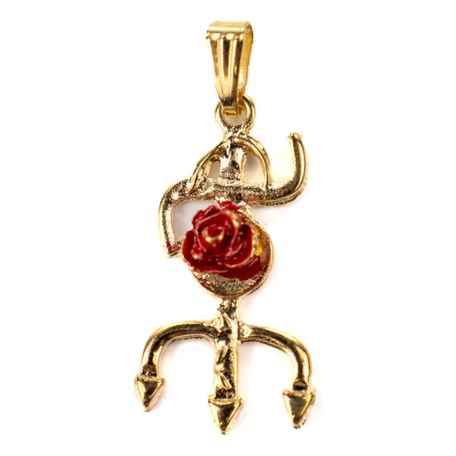 Pingente Tridente Pomba Gira Rosa Vermelha 2,9 Cm Dourado