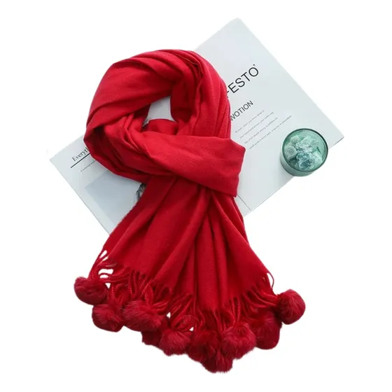 Bufanda Ryland Con Pompones | Rojo Rojo Liso Unico