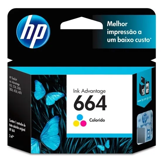 Cartucho HP 664 Colorido(F6V28AB) Para Ink Advantage 1115, 2134, 2136, 2676, 3636, 3776, 3786, 3788,3790, 3836, 4536, 4676,5076, 5276