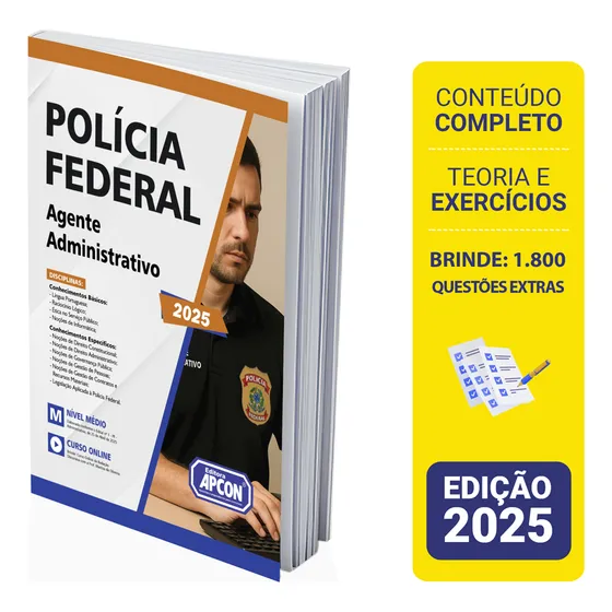 Apostila Polícia Federal (pf) 2025 - Agente Administrativo, De Professores Especializados. Estudos, Vol. Único. Editorial Apcon, Capa Mole, Edição 2 Em Português, 2025