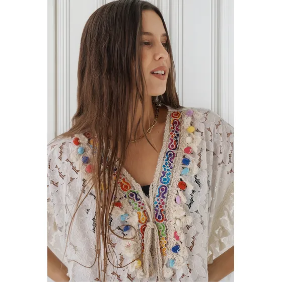 Vestido De Mujer Tunica Encaje Venely Con Pompones Gu12312