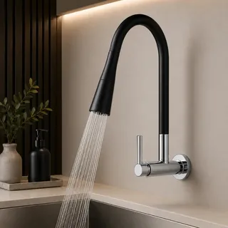 Torneira Cozinha Gourmet 2 Jatos Parede Flexível Base Metal Aquattro Preto Brilhante