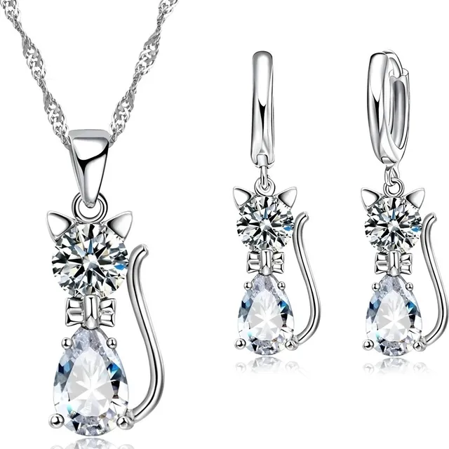Conjunto De Plata 925 Gato Aros Collar Aritos Mujer Argollas