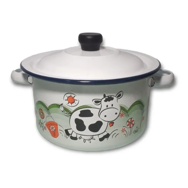 Olla Esmaltada Cheff Blanca Con Diseño Vaca  #20 Con Tapa