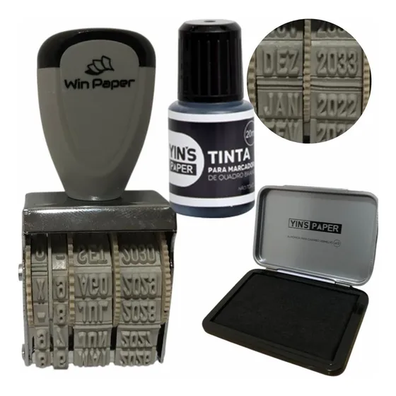Kit Carimbo Datador Validade Almofada Tinta Permanente 40ml