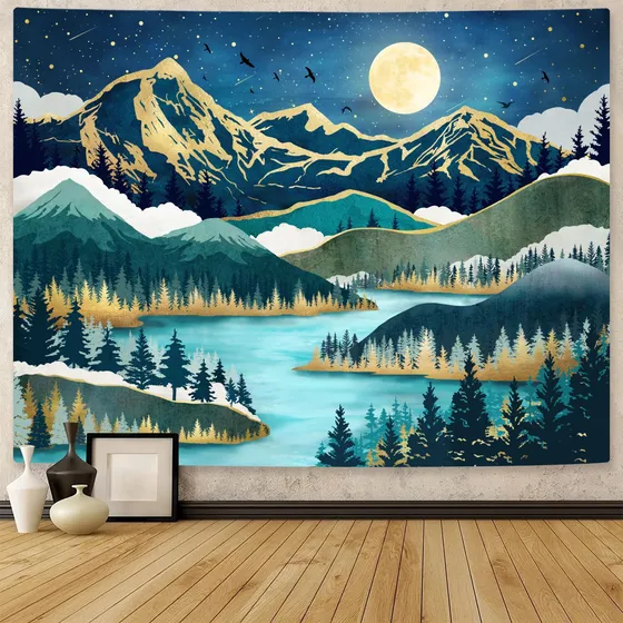Neasow Tapiz Luna Montaña Bosque Natural Arbol Lago Paisaje