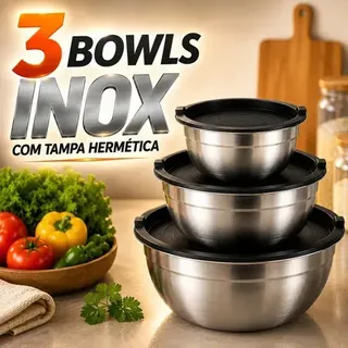 Pratitudo Essencial Kit 3 Bowls de Aço Inox com Tampa Plástica para Salada e Prep