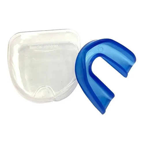 1 protector bucal simple de silicona. Forma moldeable en U con funda azul oscuro