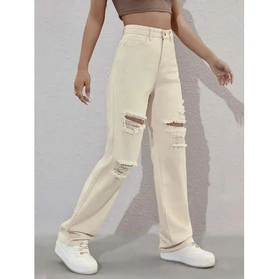 Jeans De Pierna Recta De Talle Alto Rotos