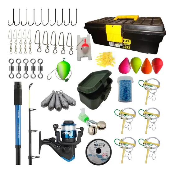 Combo Equipo Pesca Completo Caña + Reel + Caja Accesorios Color