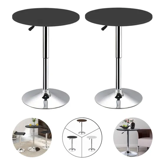 Pack 2 Mesas De Centro Bar Altura Ajustable 60x93cm Color Negro Marca Beiti 6093-nbt Comedor Giratorio 360° Madera Mdf 60cm De Diametro Soporte Y Base Cromada