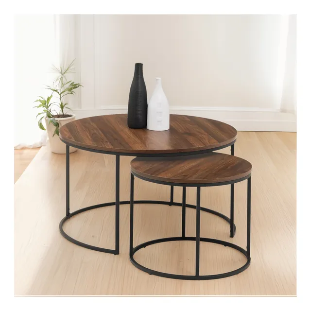 Juego Mesa De Centro Lateral Living Redonda Doble Madera