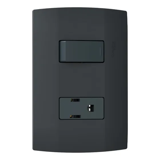 Placa Con Interruptor Sencillo Y 1 Contacto 2p+t Marisio Color Negro Corriente Nominal 15 A Voltaje Nominal 250v