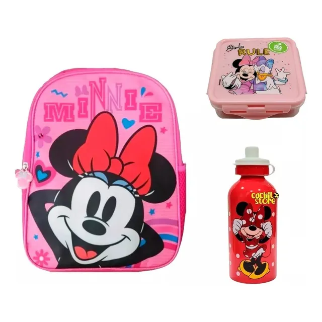 Kit Mochila Minnie Mouse+tupper Hermético+botella Aluminio