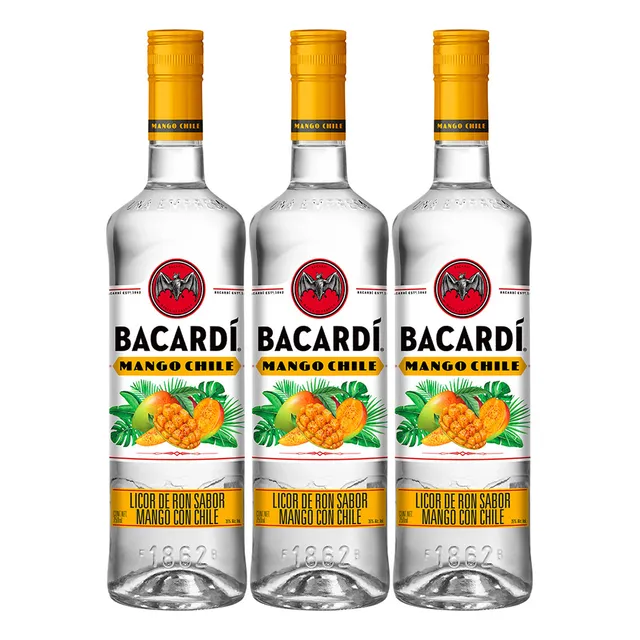 Paquete De 3 Licor De Ron Bacardi Mango Chile 750 Ml