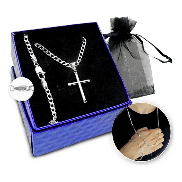 Conjunto Colar Com Pingente Cruz + Pulseira Prata 925 Maciça